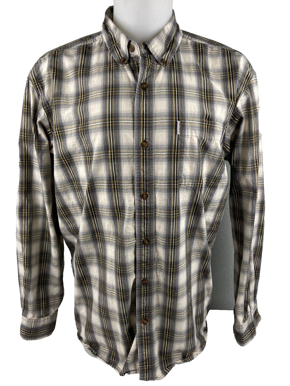 Carhartt Men XL Plaid Long Sleeve Shirt Black Gray Gold Casual Relaxed Fit
